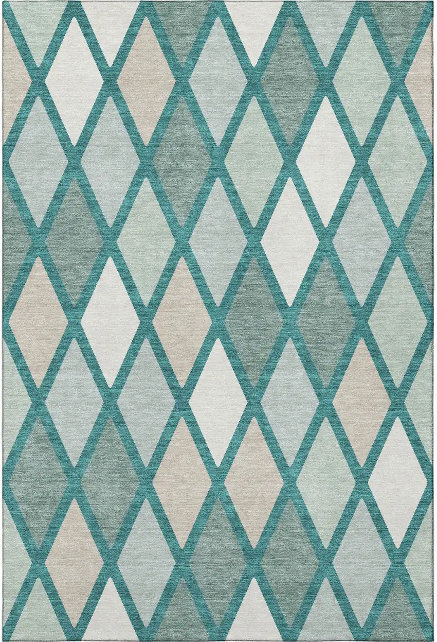 Teal Beige And Ivory Geometric Washable Area Rug With UV Protection Photo 3