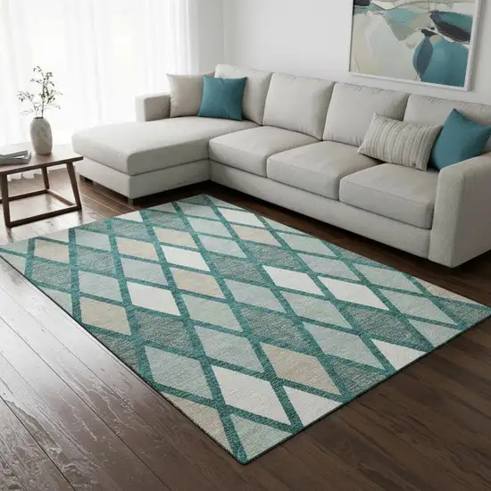 Teal Beige And Ivory Geometric Washable Area Rug With UV Protection Photo 2