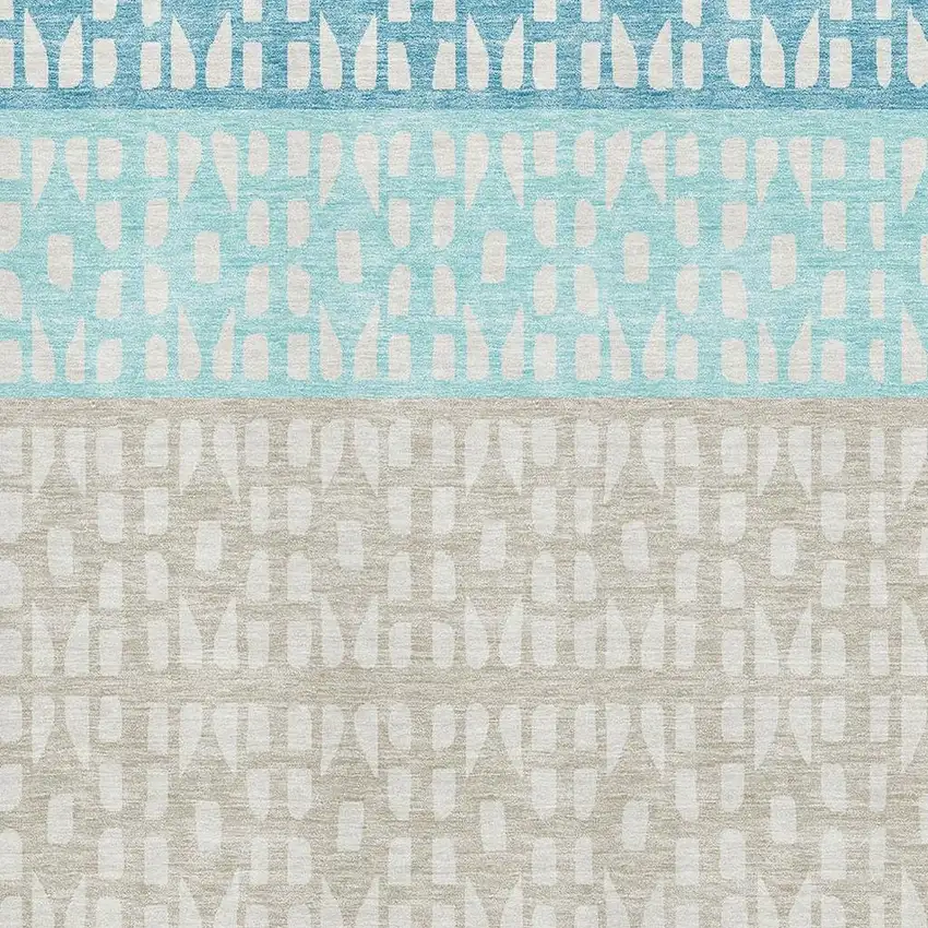 Teal Beige And Ivory Geometric Washable Area Rug With UV Protection Photo 2