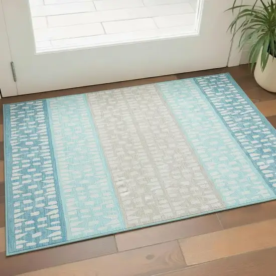 Teal Beige And Ivory Geometric Washable Area Rug With UV Protection Photo 2