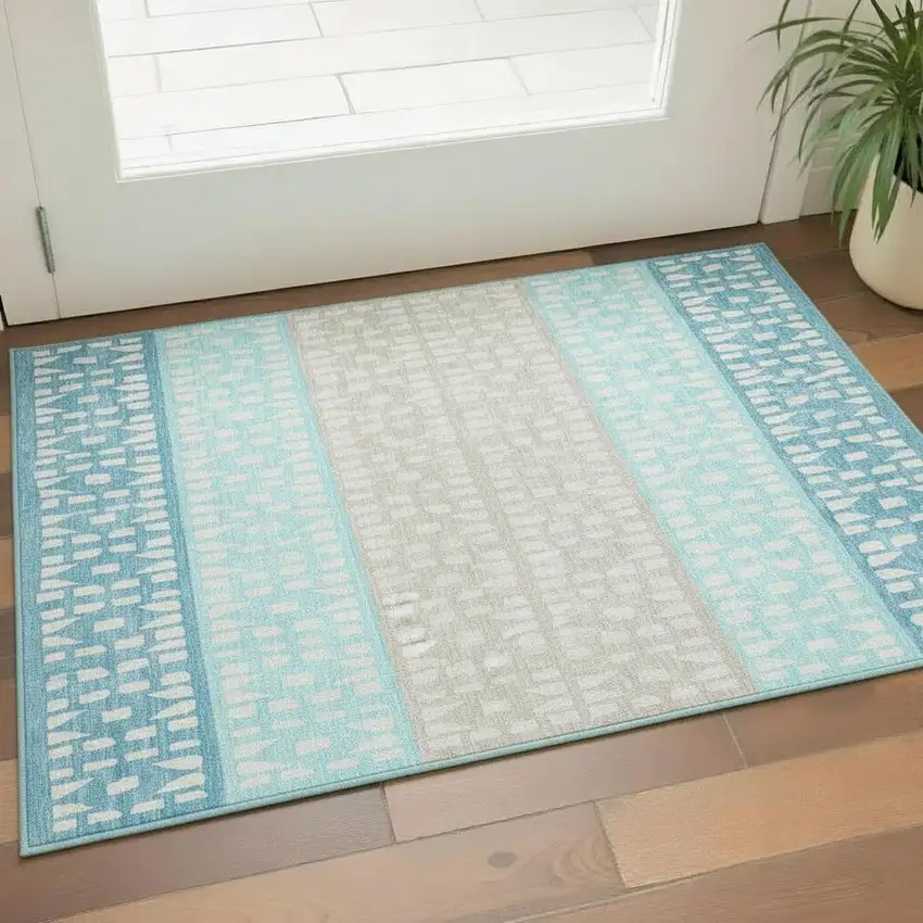 Teal Beige And Ivory Geometric Washable Area Rug With UV Protection Photo 2