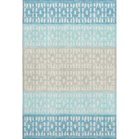 Teal Beige And Ivory Geometric Washable Area Rug With UV Protection Photo 1