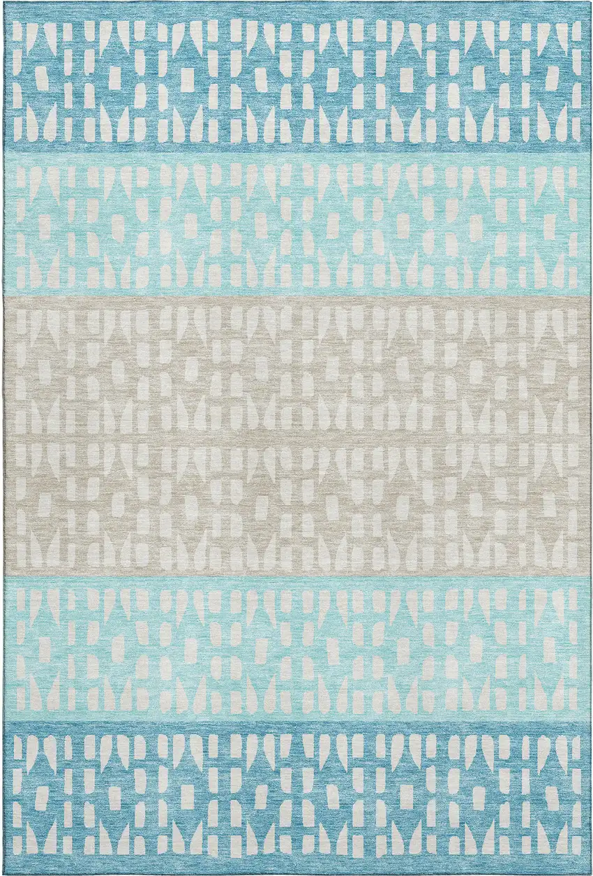 Teal Beige And Ivory Geometric Washable Area Rug With UV Protection Photo 1