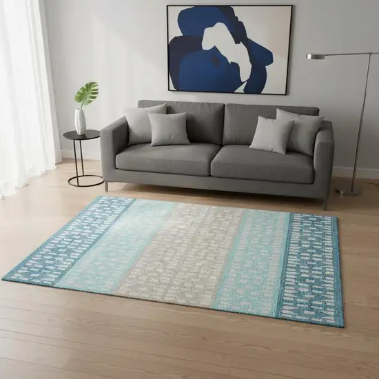 Teal Beige And Ivory Geometric Washable Area Rug With UV Protection Photo 2