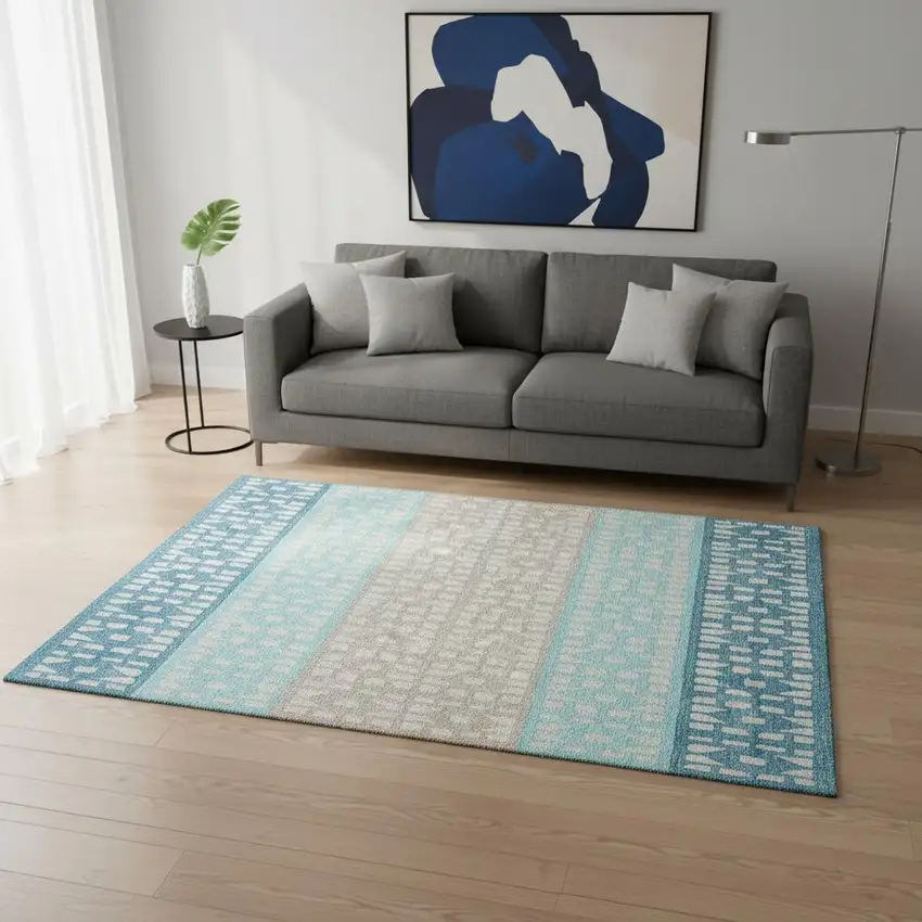 Teal Beige And Ivory Geometric Washable Area Rug With UV Protection Photo 2
