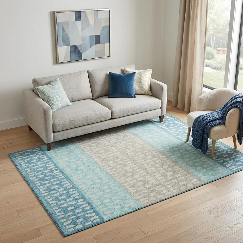 Teal Beige And Ivory Geometric Washable Area Rug With UV Protection Photo 1