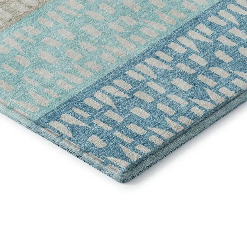 Teal Beige And Ivory Geometric Washable Area Rug With UV Protection Photo 6