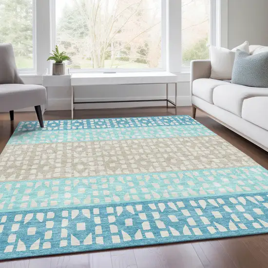 Teal Beige And Ivory Geometric Washable Area Rug With UV Protection Photo 4