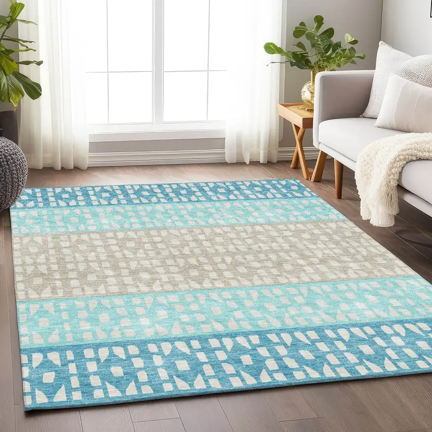 Teal Beige And Ivory Geometric Washable Area Rug With UV Protection Photo 3