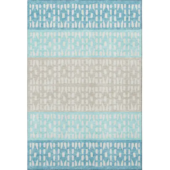 Teal Beige And Ivory Geometric Washable Area Rug With UV Protection Photo 2