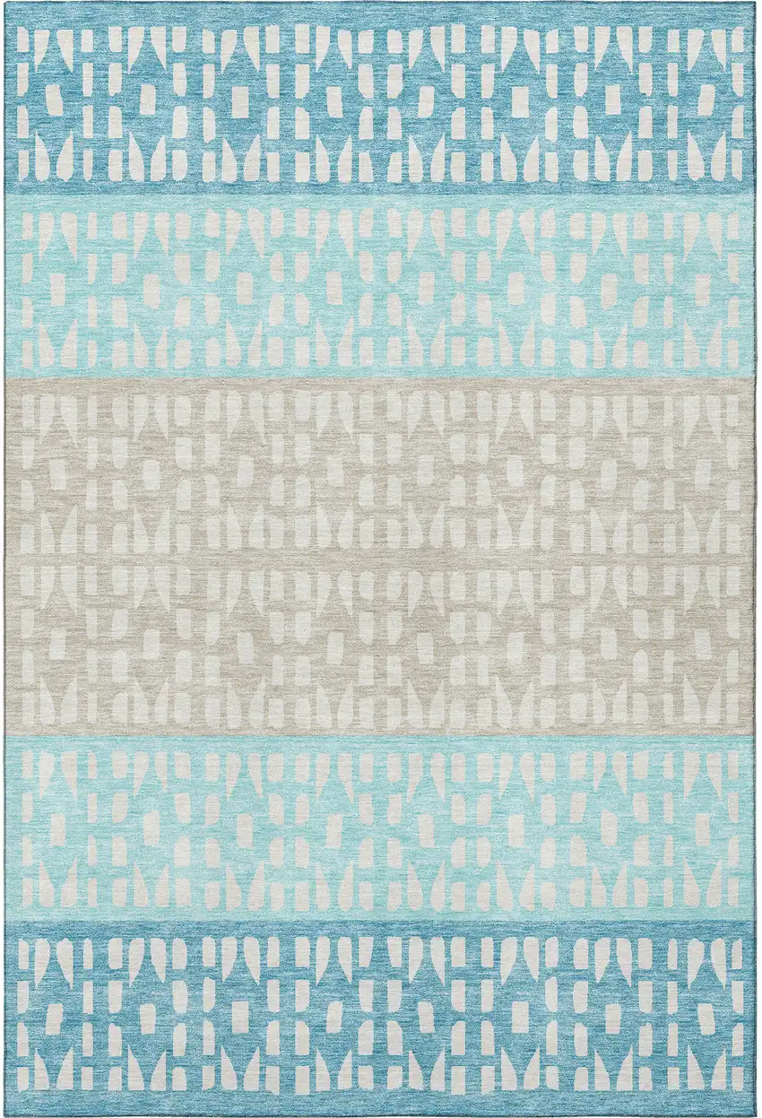 Teal Beige And Ivory Geometric Washable Area Rug With UV Protection Photo 2