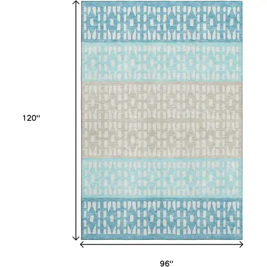 Teal Beige And Ivory Geometric Washable Area Rug With UV Protection Photo 9