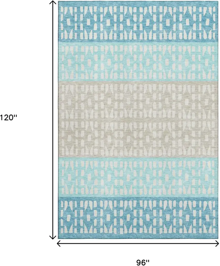 Teal Beige And Ivory Geometric Washable Area Rug With UV Protection Photo 9