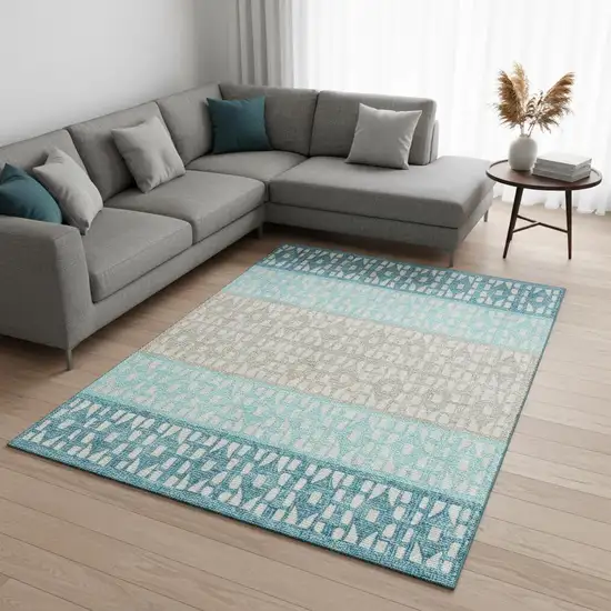Teal Beige And Ivory Geometric Washable Area Rug With UV Protection Photo 2