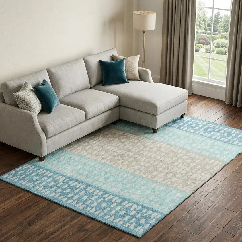 Teal Beige And Ivory Geometric Washable Area Rug With UV Protection Photo 1