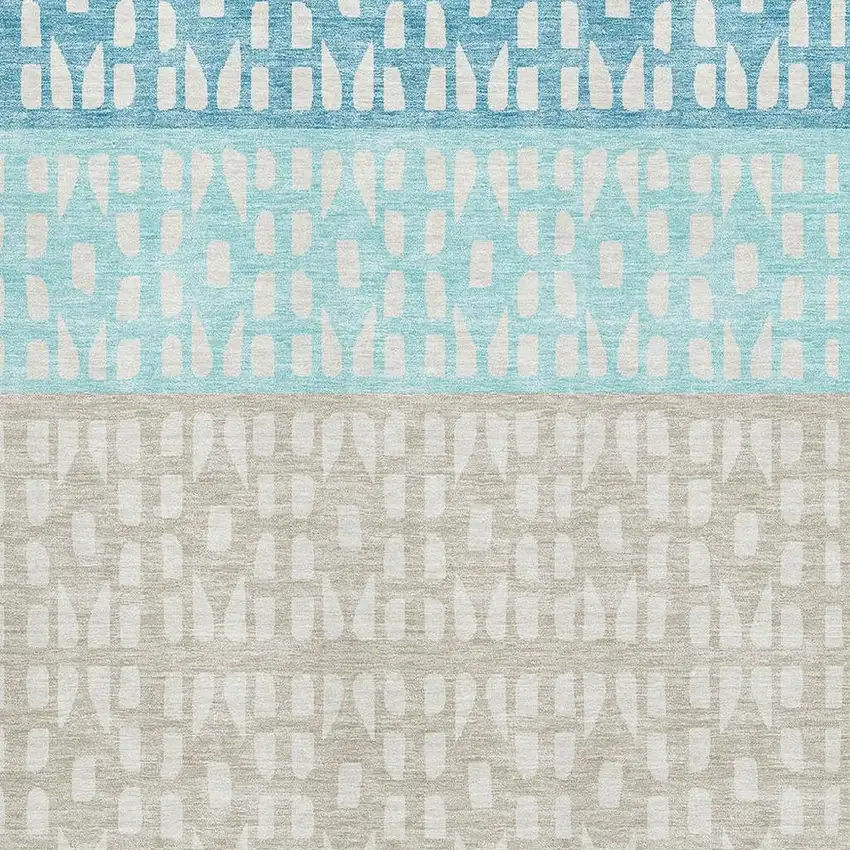 Teal Beige And Ivory Geometric Washable Area Rug With UV Protection Photo 2