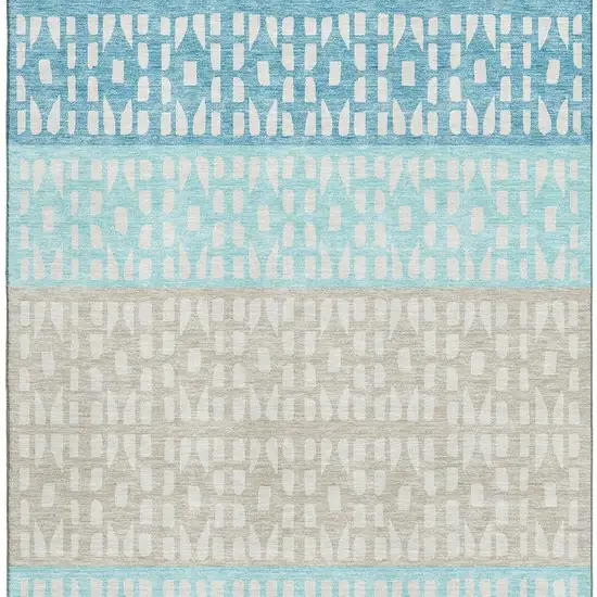 Teal Beige And Ivory Geometric Washable Area Rug With UV Protection Photo 3