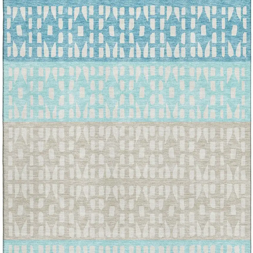 Teal Beige And Ivory Geometric Washable Area Rug With UV Protection Photo 3