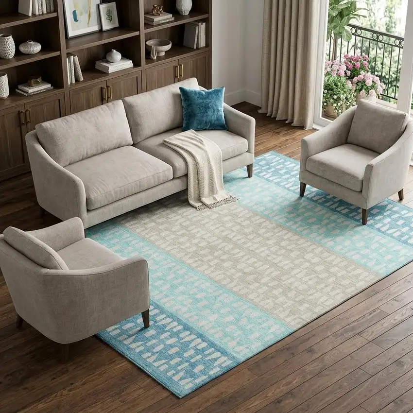 Teal Beige And Ivory Geometric Washable Area Rug With UV Protection Photo 1