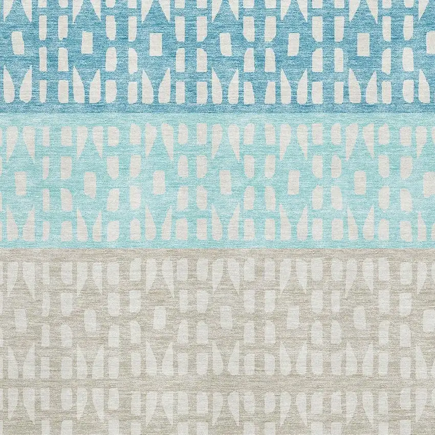 Teal Beige And Ivory Geometric Washable Area Rug With UV Protection Photo 2