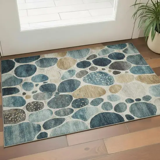 Teal Beige And Ivory Geometric Washable Area Rug With UV Protection Photo 2