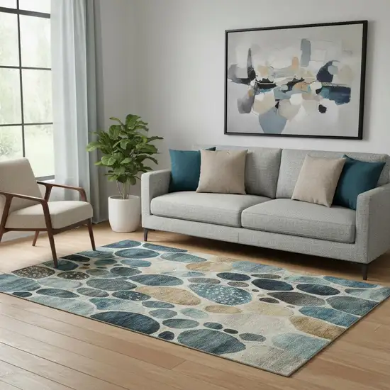 Teal Beige And Ivory Geometric Washable Area Rug With UV Protection Photo 2