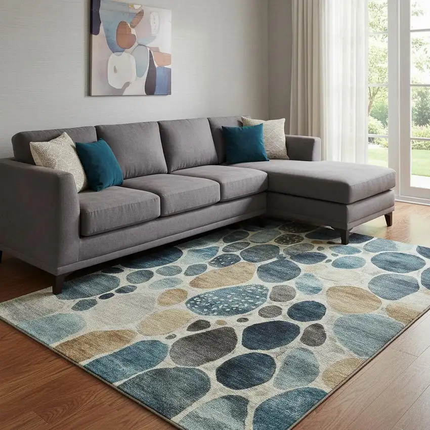 Teal Beige And Ivory Geometric Washable Area Rug With UV Protection Photo 2