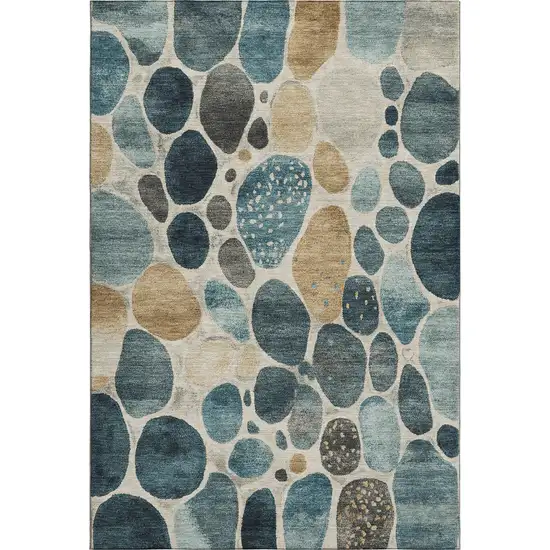 Teal Beige And Ivory Geometric Washable Area Rug With UV Protection Photo 1