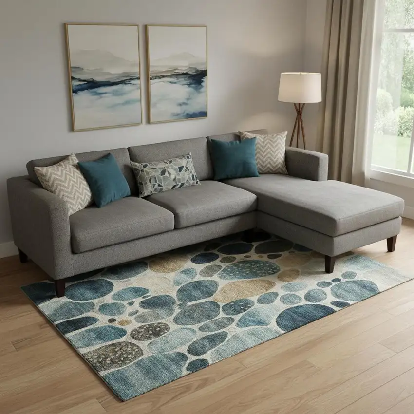 Teal Beige And Ivory Geometric Washable Area Rug With UV Protection Photo 2