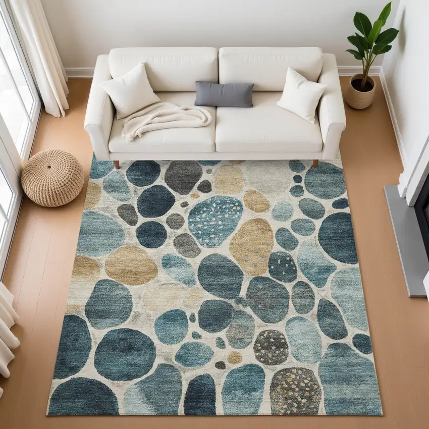 Teal Beige And Ivory Geometric Washable Area Rug With UV Protection Photo 5
