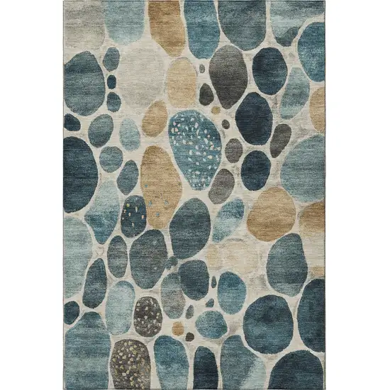 Teal Beige And Ivory Geometric Washable Area Rug With UV Protection Photo 4