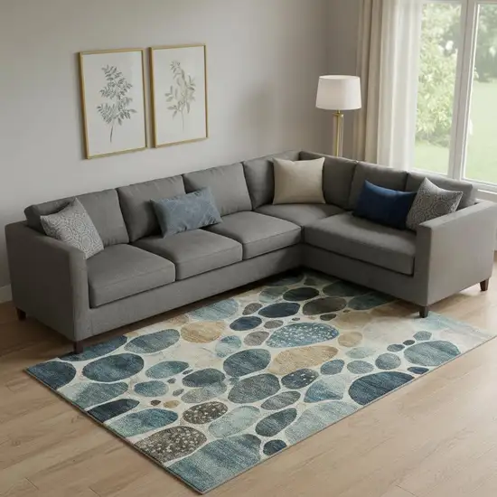 Teal Beige And Ivory Geometric Washable Area Rug With UV Protection Photo 1