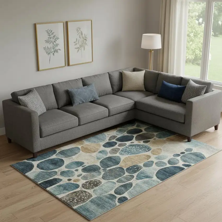 Teal Beige And Ivory Geometric Washable Area Rug With UV Protection Photo 1