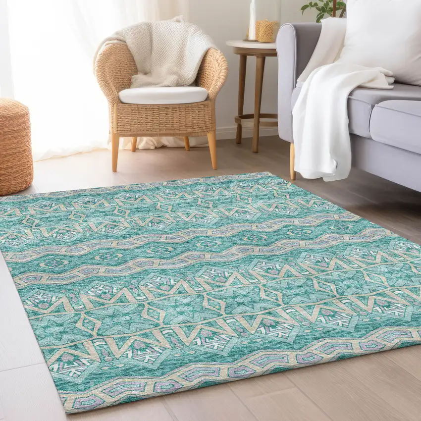 Teal Beige And Ivory Moroccan Washable Area Rug With UV Protection Photo 4