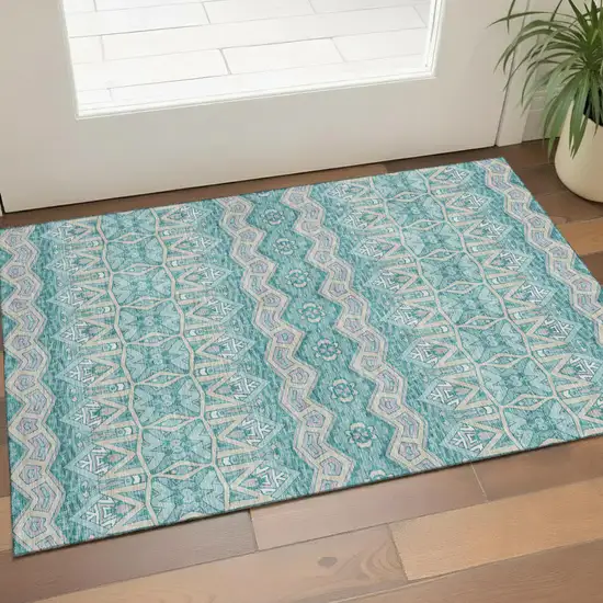 Teal Beige And Ivory Moroccan Washable Area Rug With UV Protection Photo 1