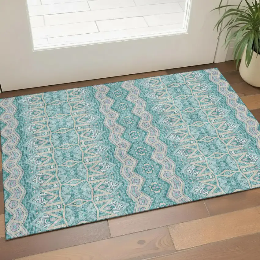 Teal Beige And Ivory Moroccan Washable Area Rug With UV Protection Photo 1