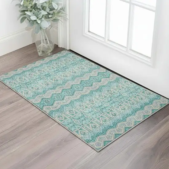 Teal Beige And Ivory Moroccan Washable Area Rug With UV Protection Photo 2