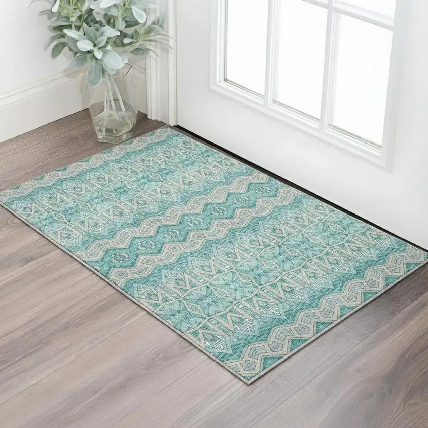 Teal Beige And Ivory Moroccan Washable Area Rug With UV Protection Photo 2