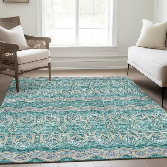 Teal Beige And Ivory Moroccan Washable Area Rug With UV Protection Photo 5