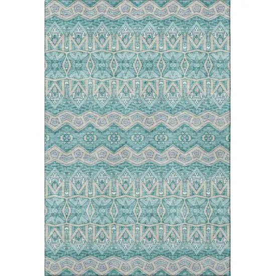 Teal Beige And Ivory Moroccan Washable Area Rug With UV Protection Photo 3