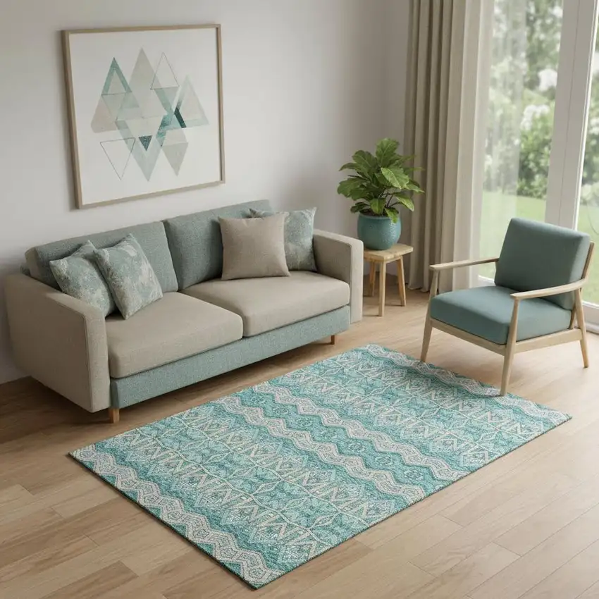 Teal Beige And Ivory Moroccan Washable Area Rug With UV Protection Photo 1