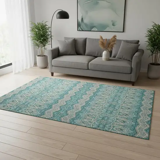 Teal Beige And Ivory Moroccan Washable Area Rug With UV Protection Photo 2