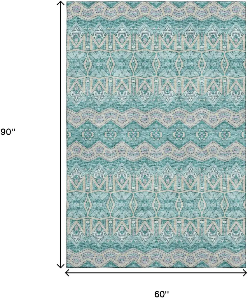 Teal Beige And Ivory Moroccan Washable Area Rug With UV Protection Photo 3