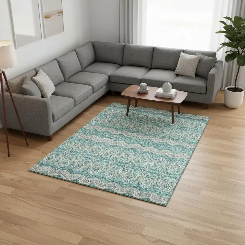 Teal Beige And Ivory Moroccan Washable Area Rug With UV Protection Photo 2