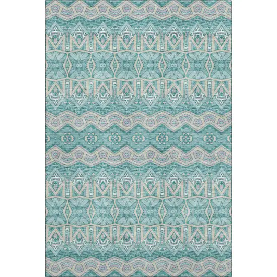 Teal Beige And Ivory Moroccan Washable Area Rug With UV Protection Photo 1