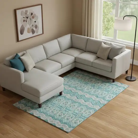 Teal Beige And Ivory Moroccan Washable Area Rug With UV Protection Photo 1