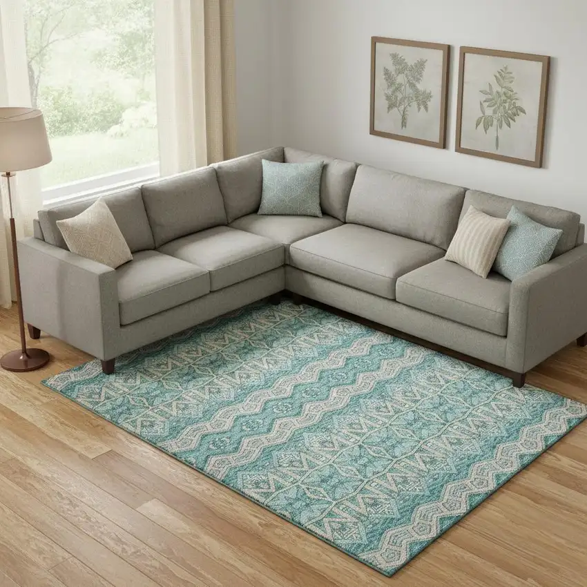 Teal Beige And Ivory Moroccan Washable Area Rug With UV Protection Photo 1