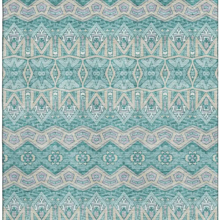 Teal Beige And Ivory Moroccan Washable Area Rug With UV Protection Photo 3