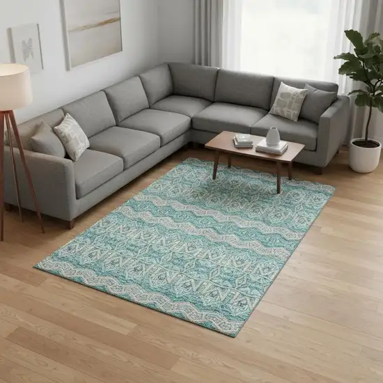 Teal Beige And Ivory Moroccan Washable Area Rug With UV Protection Photo 2