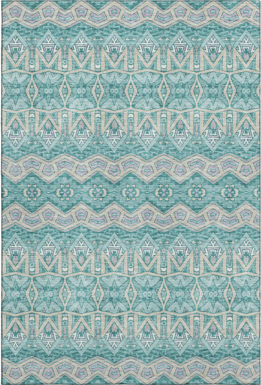 Teal Beige And Ivory Moroccan Washable Area Rug With UV Protection Photo 1